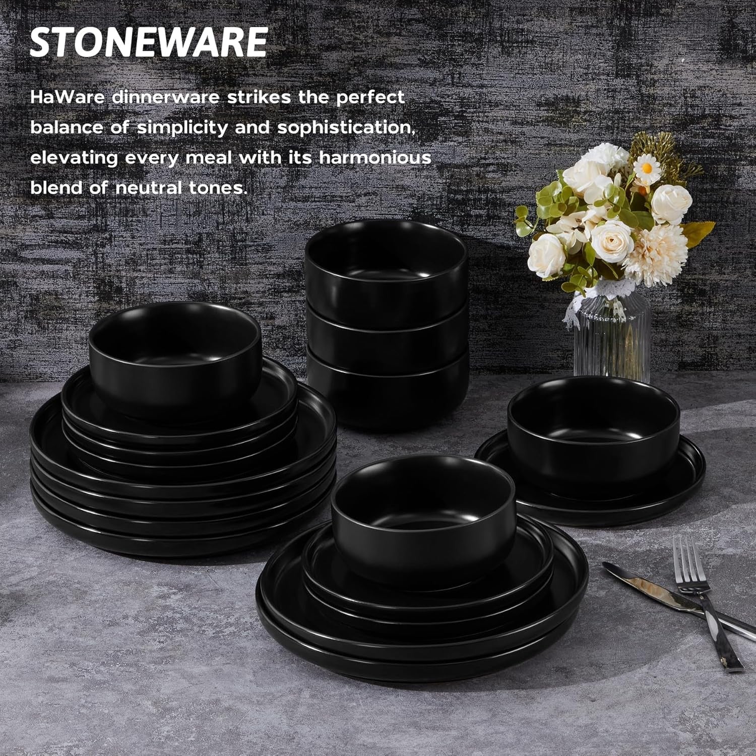 18pc Stoneware Dinner Set Matte Black Plates Bowls Microwave Safe