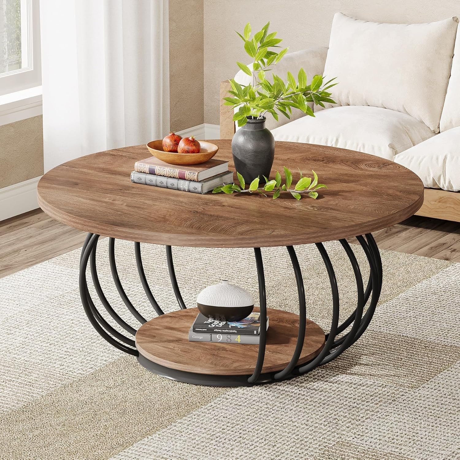 Round 2-Tier Coffee Table with Storage, Metal Frame & Wooden Grain Top