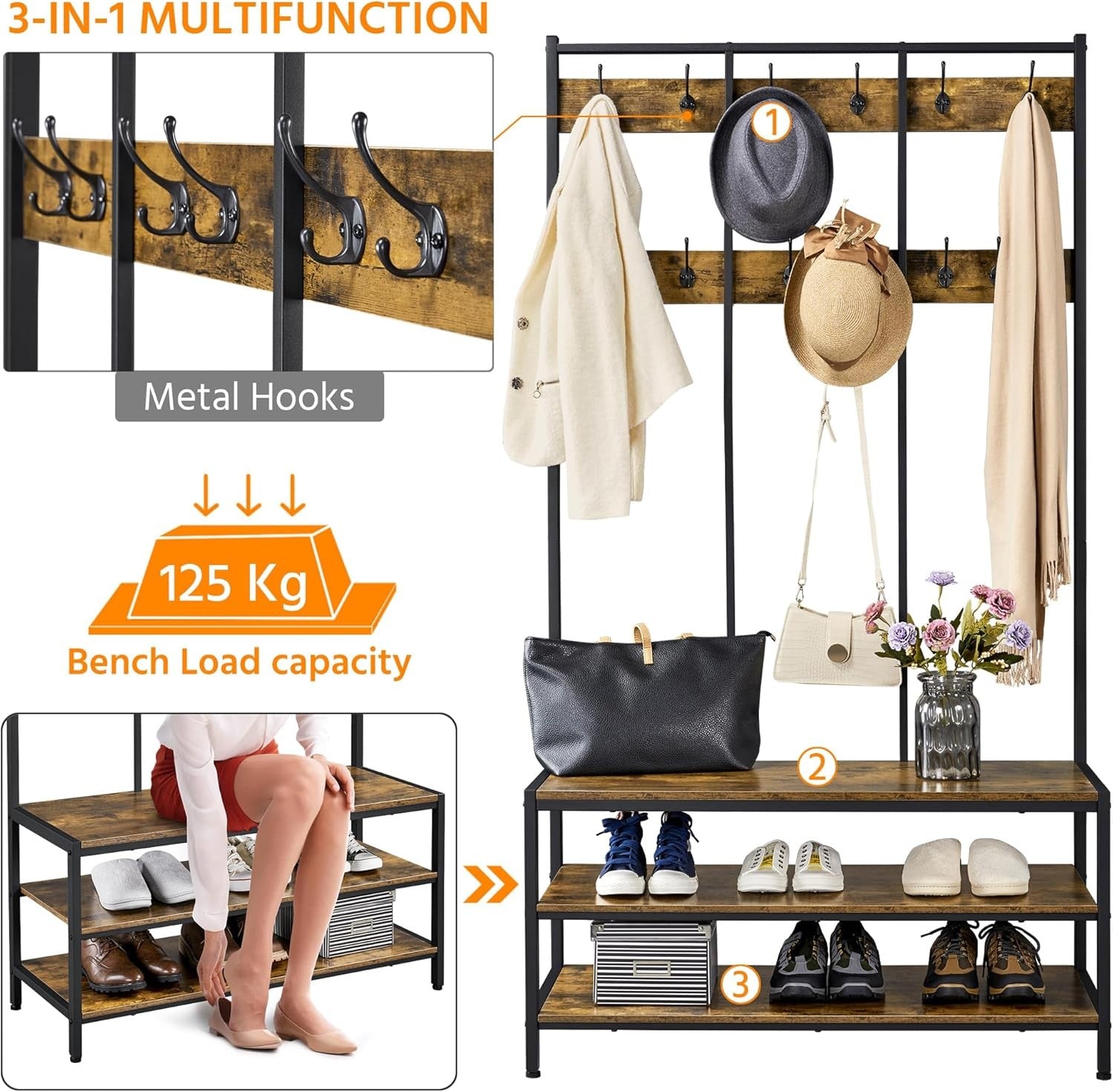 Rustic Brown Hall Tree with 24 Hooks & Shoe Bench Metal Coat Rack Stand