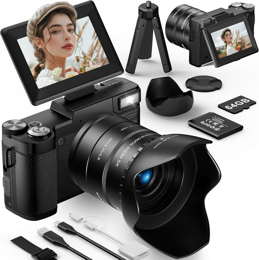 75MP 6K Digital Camera 8X Optical Zoom Flip Screen Vlogging Kit Tripod