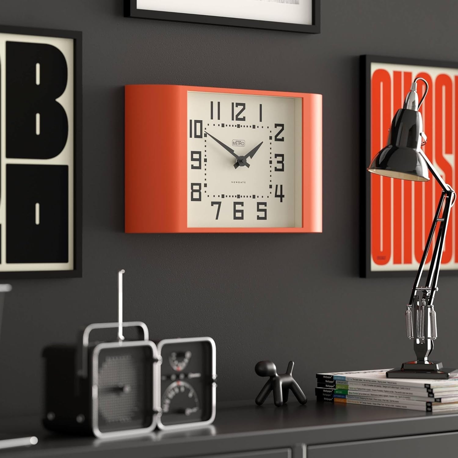 Retro Orange Wall Clock 42cm Mid-Century Modern Kitchen Living Room Decor