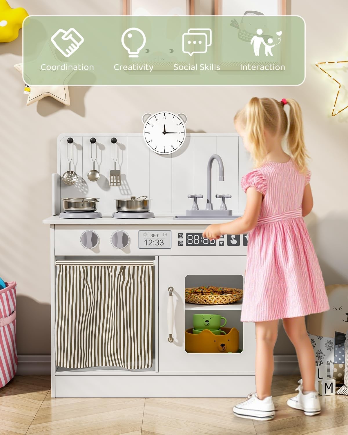 Wooden Kids Play Kitchen White Cooker Sink Toy Set w Storage & Clock