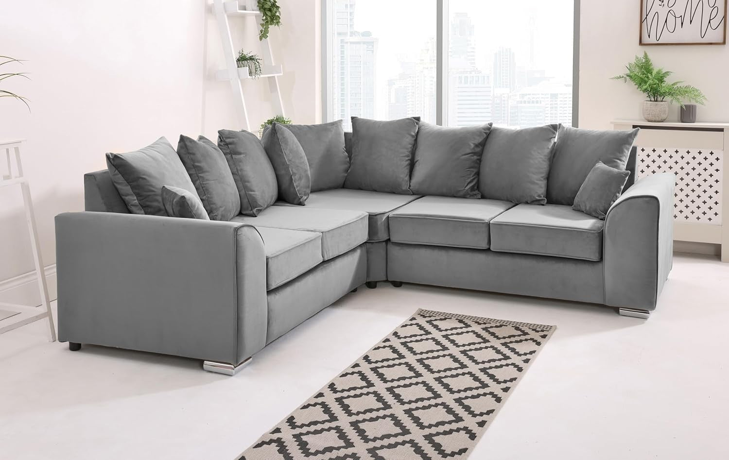 Silver Plush Velvet 5 Seater Corner Sofa–Scatterback Foam Cushions & Chrome Feet
