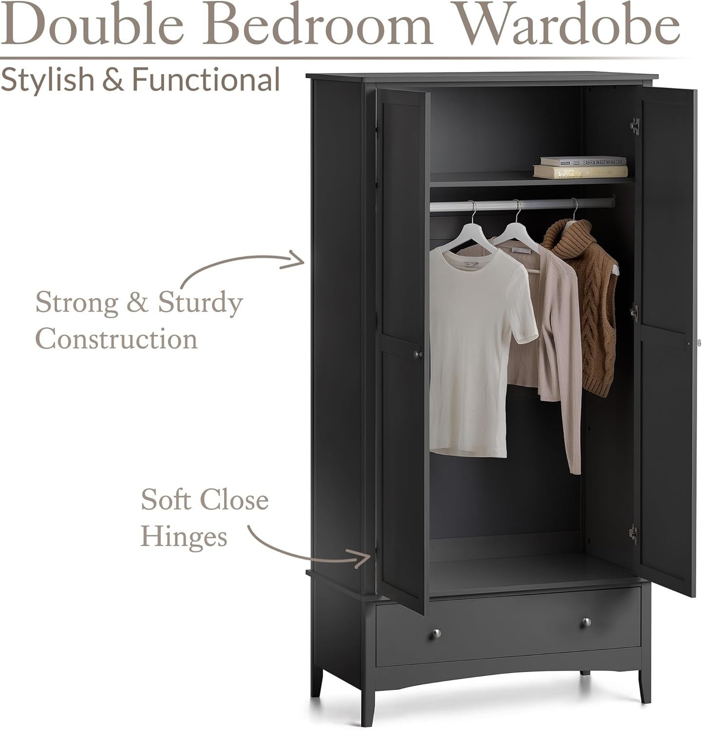 Black Double Wardrobe with Drawer | Soft Close Doors | Clothes Rail Storage