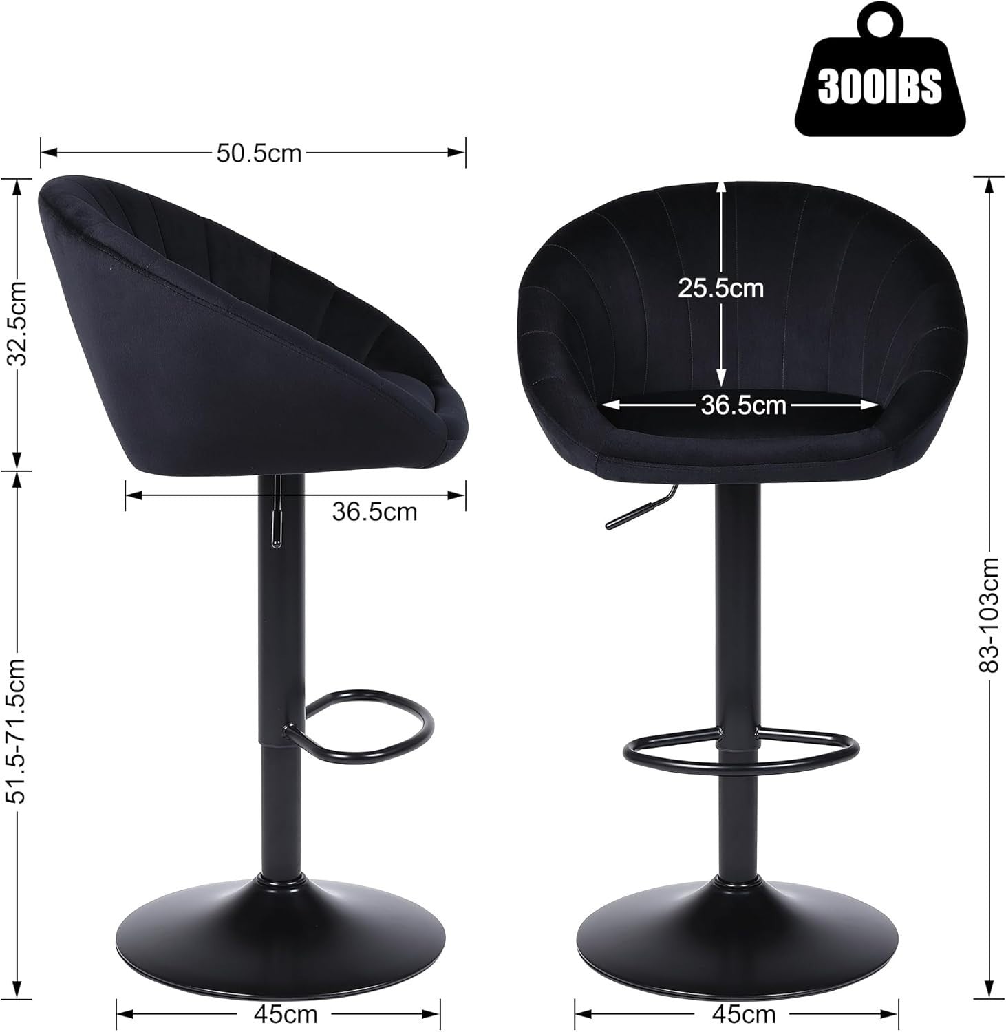 Adjustable Velvet Bar Stools Set of 2 | Black Swivel Kitchen Counter Chairs