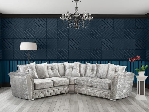 Luxury Silver Crushed Velvet 4-Seater L-Shape Corner Sofa with Diamantes