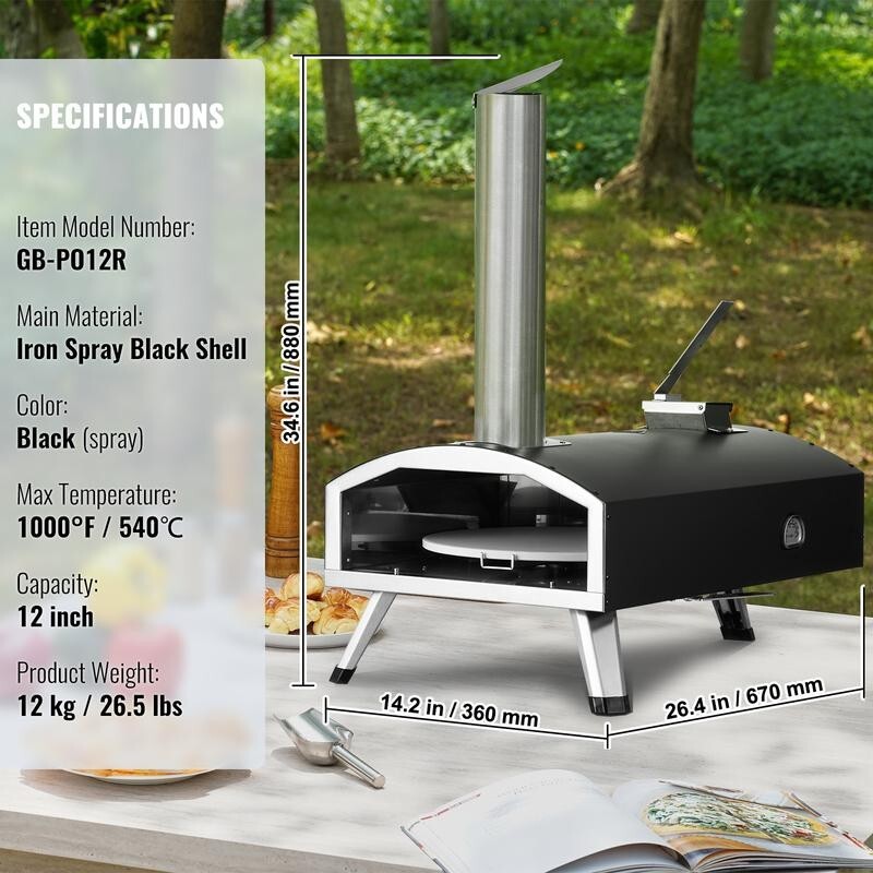 Outdoor Pizza Oven 12" Tri-Fuel BBQ, 210° Stone, Portable Grill