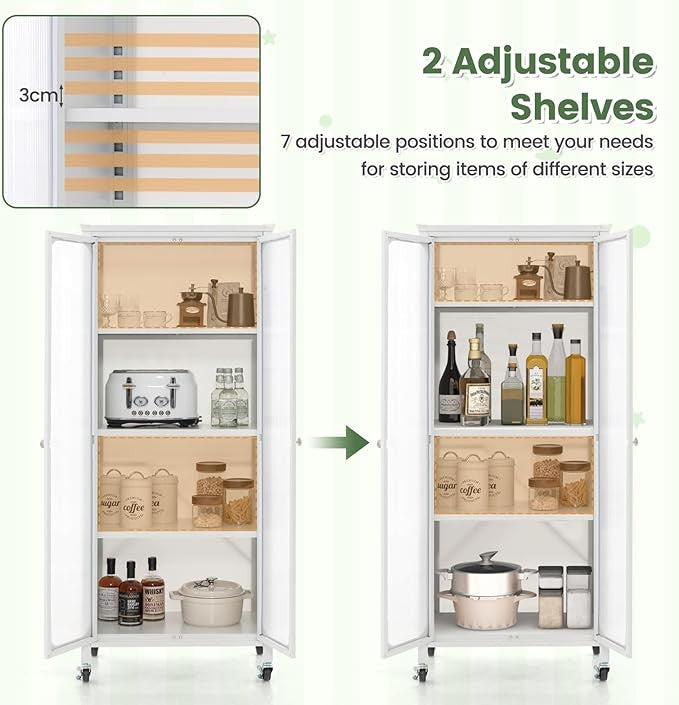 White Metal Storage Cabinet with Translucent Doors, Adjustable Shelves & Wheels