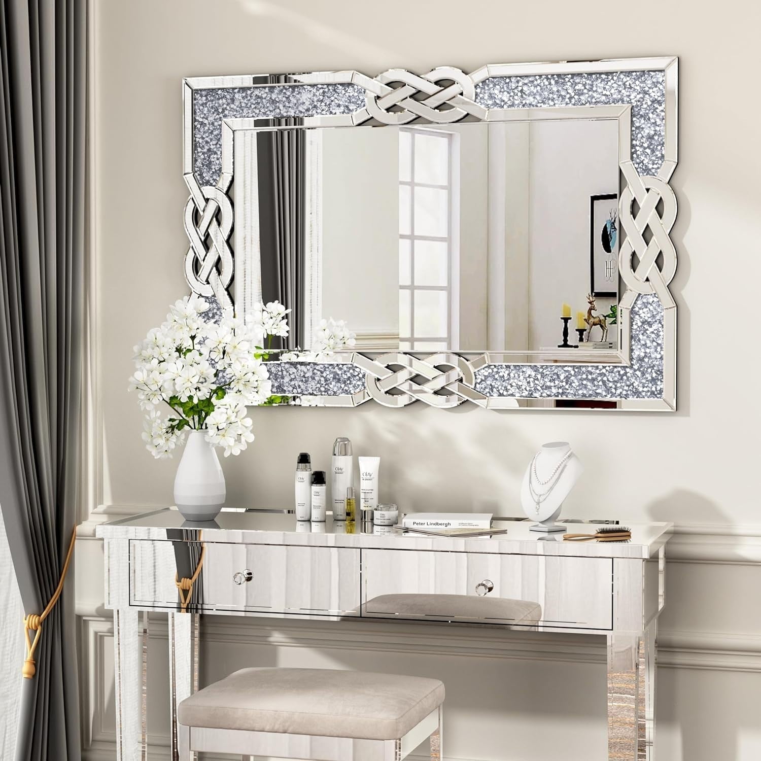 Large 120x80cm Silver Crushed Diamond Wall Mirror with Art Deco Frame