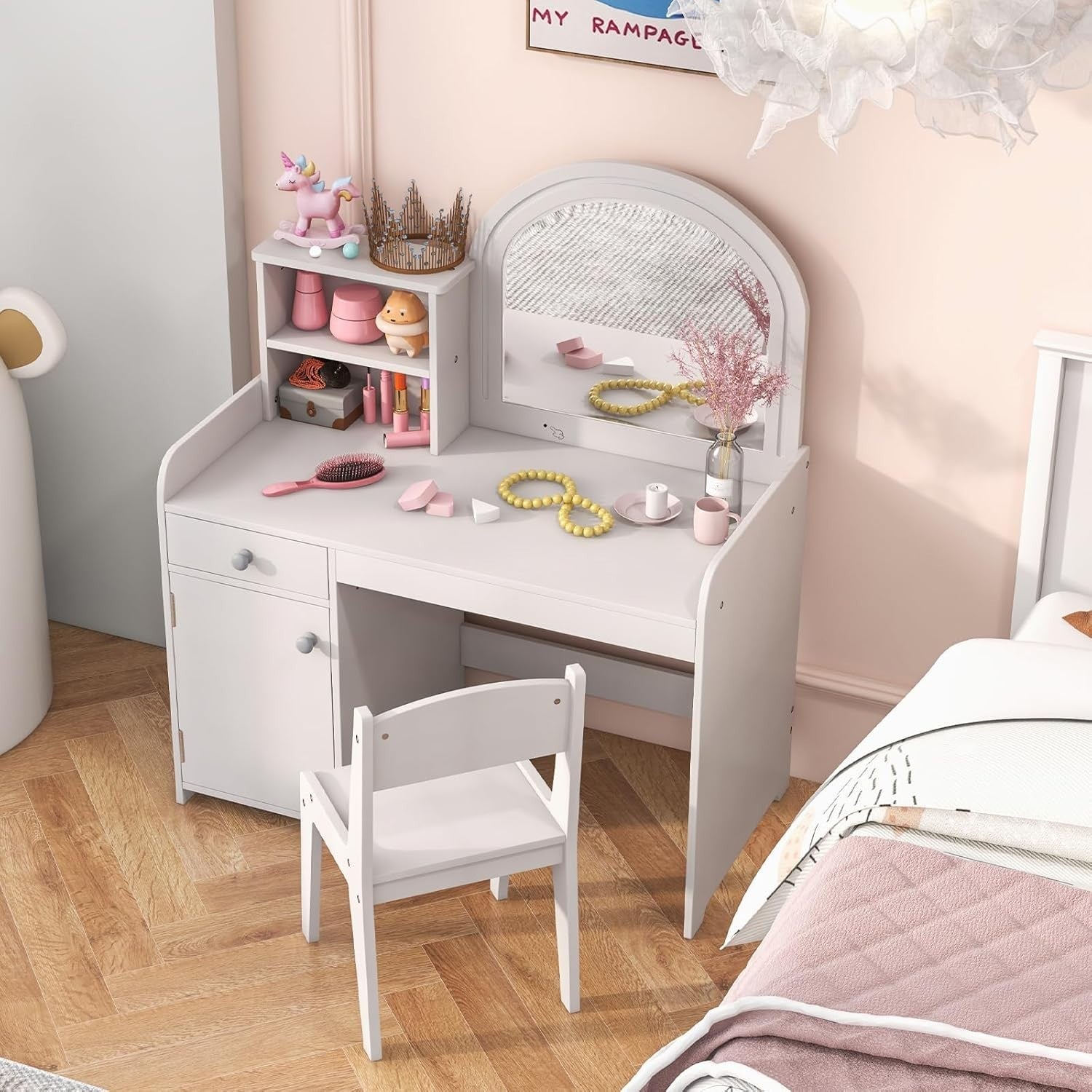 Kids Vanity Table & Chair Set with LED Mirror Storage Shelves Drawer White