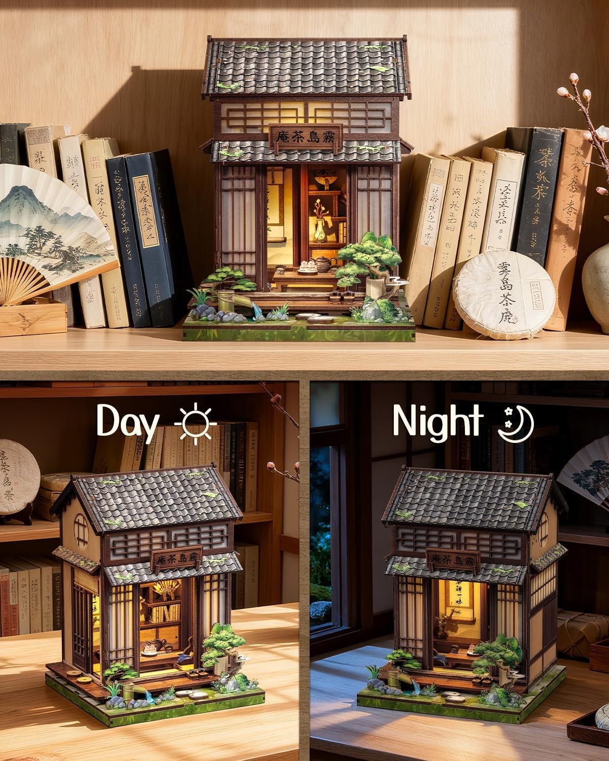 DIY Book Nook Kit Japanese Tea House Miniature LED Bookend Decor