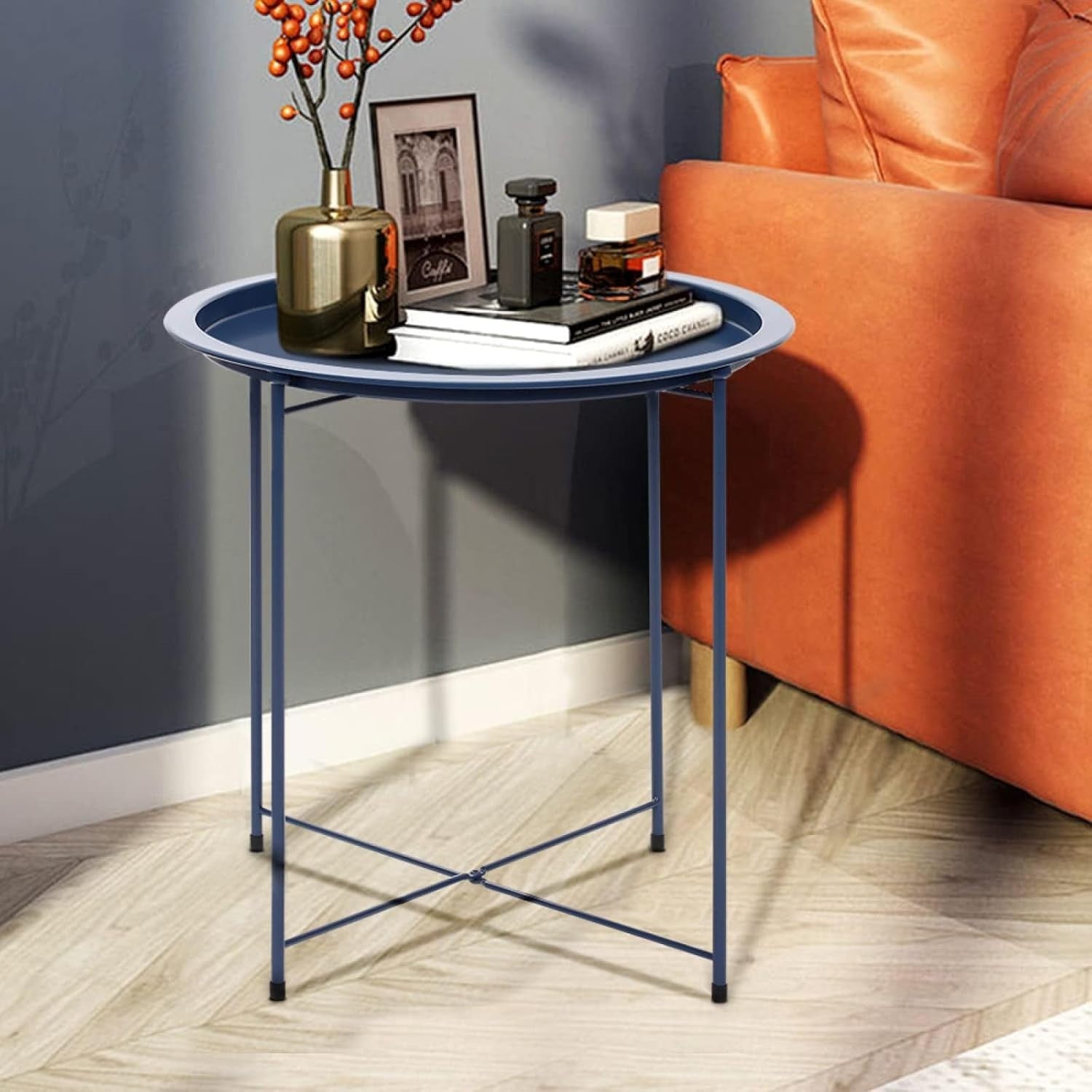 Round Tray Side Table with Removable Tray – 47x50cm Gray Blue Metal Table