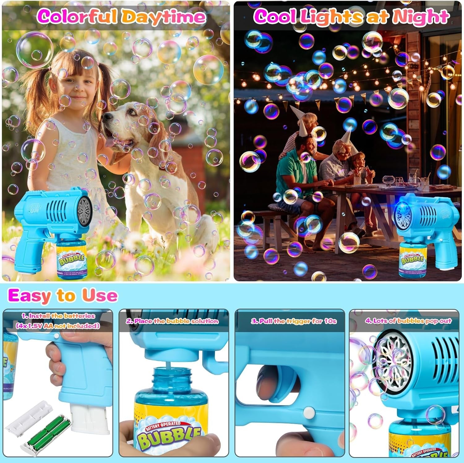 Bubble Gun Machine with Lights 10000 Bubbles Blue