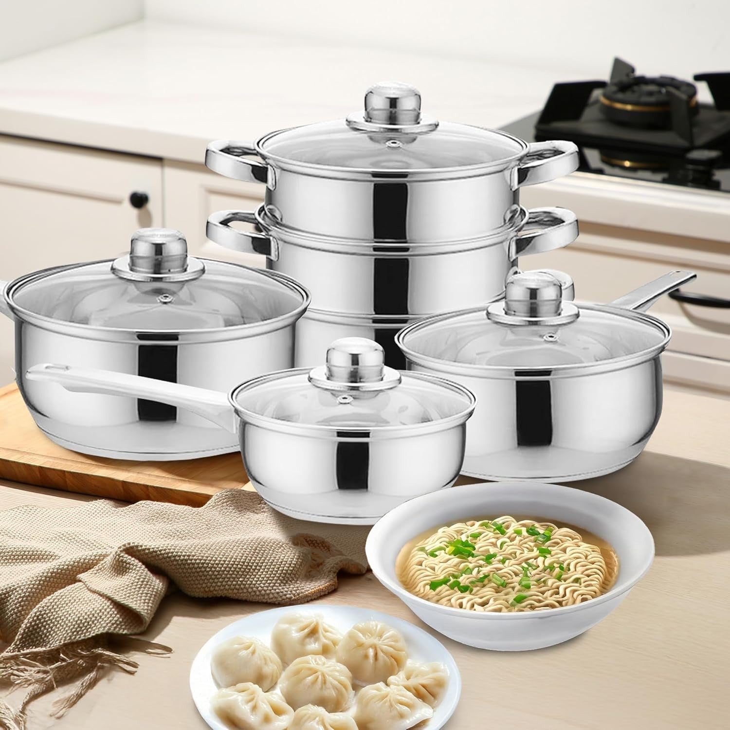 6pcs Stainless Steel Cookware Steamer Pot Set with Glass Lids & Handles