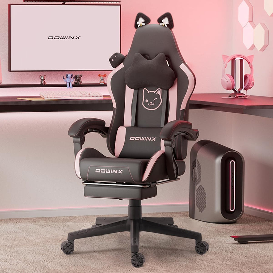 Cute Cat Ear Gaming Chair Massage Lumbar Footrest 290lbs Black