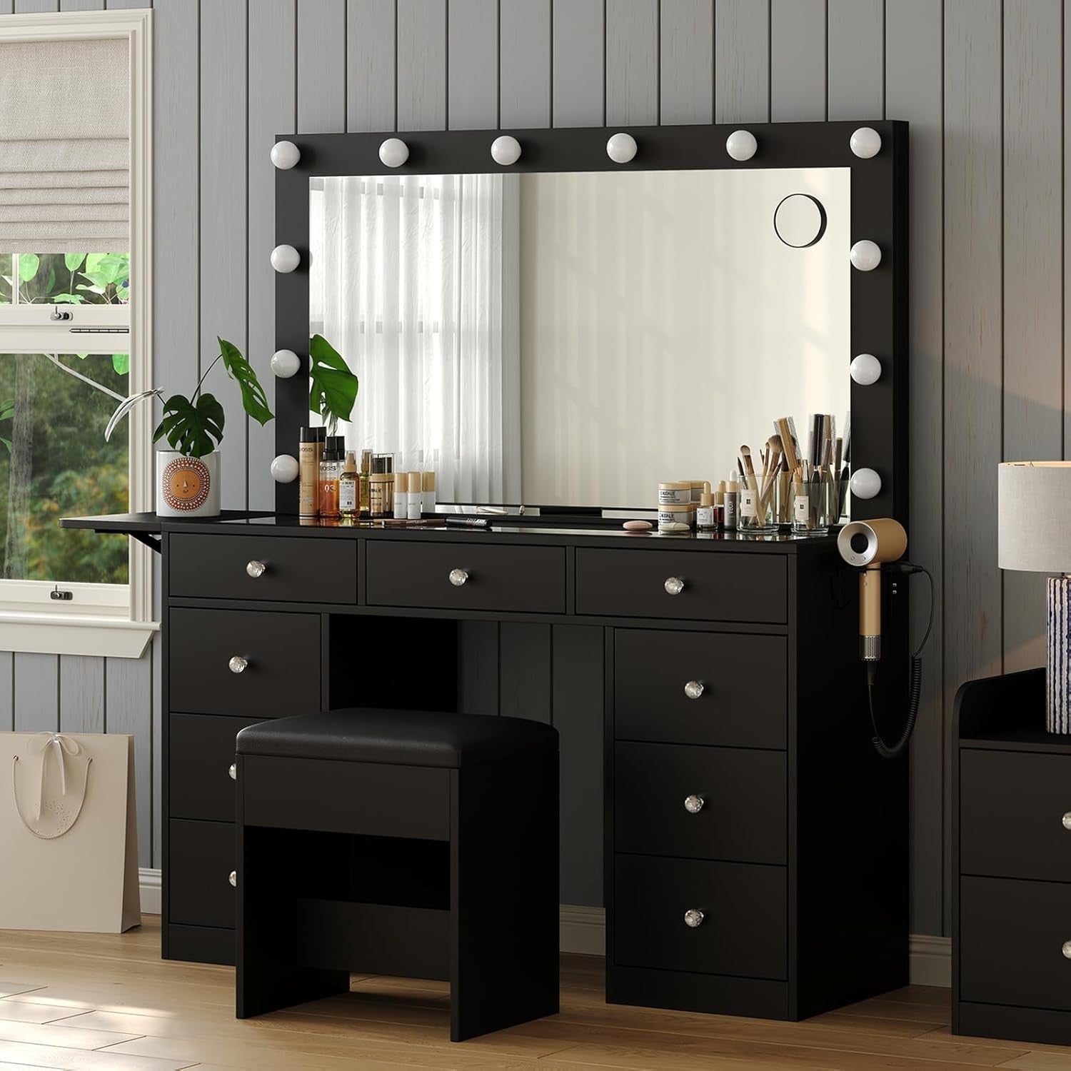 Black Makeup Vanity Desk Set, Hollywood Mirror, 9 Drawers, Lighted Dressing Tabl