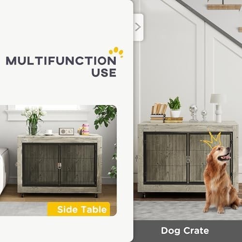 Modern Dog Crate Furniture with Wheels, Large Lockable Pet Cage Grey