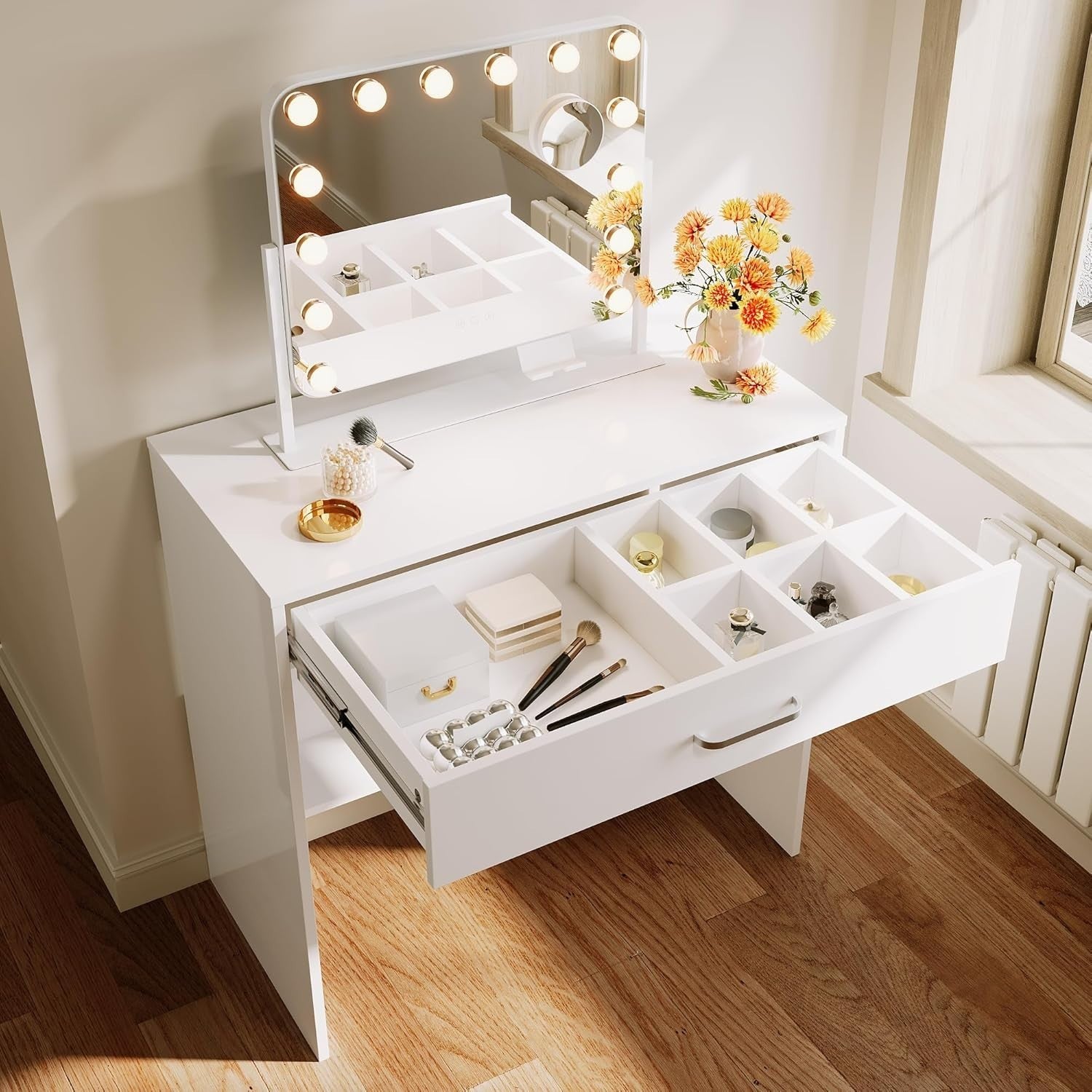 White Dressing Table Makeup Desk Vanity Drawers Storage Large Capacity Mirror