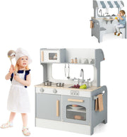 2 in 1 Kids Play Kitchen Diner Wooden Pretend Cooking Toy Grey White