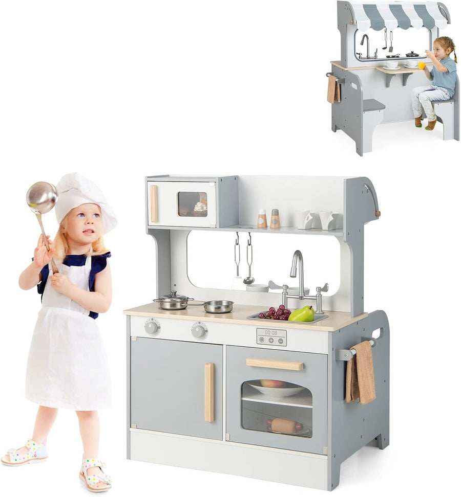2 in 1 Kids Play Kitchen Diner Wooden Pretend Cooking Toy Grey White