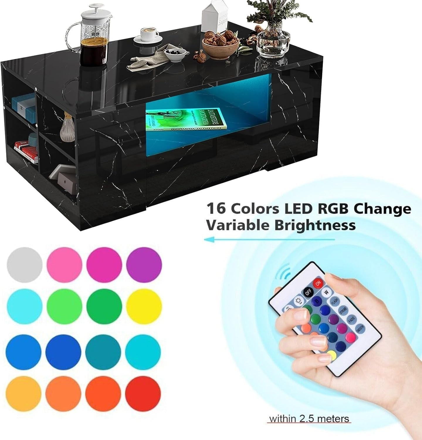 Black Marble High Gloss Coffee Table with LED RGB Lights & Storage 95x55x37cm