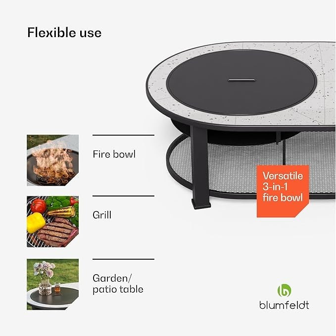 3-in-1 Fire Pit BBQ Table Outdoor Terrazzo Design Heat Shield Spark Guard