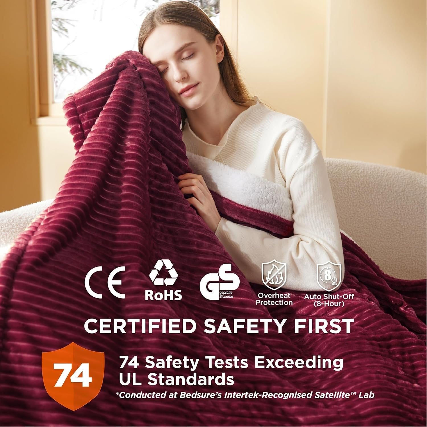 Electric Heated Throw Blanket Ribbed Flannel 6 Heat Timer Overheat Protection