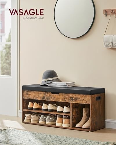 Rustic Brown Shoe Storage Bench, Cushion 3 Compartments Hidden Seat 100x30x44