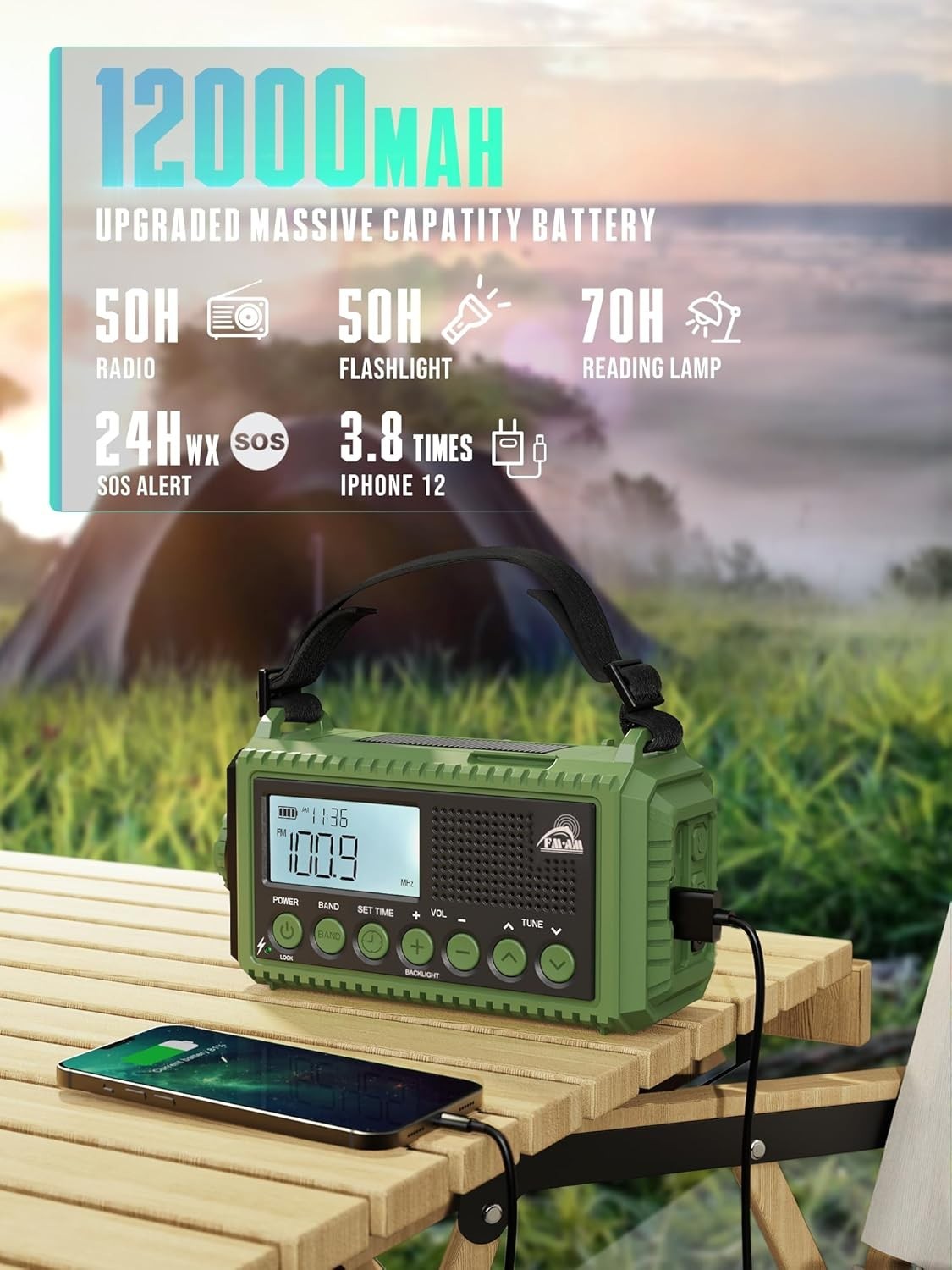Emergency Wind Up Solar Radio AM/FM/SW 12000mAh Waterproof Torch