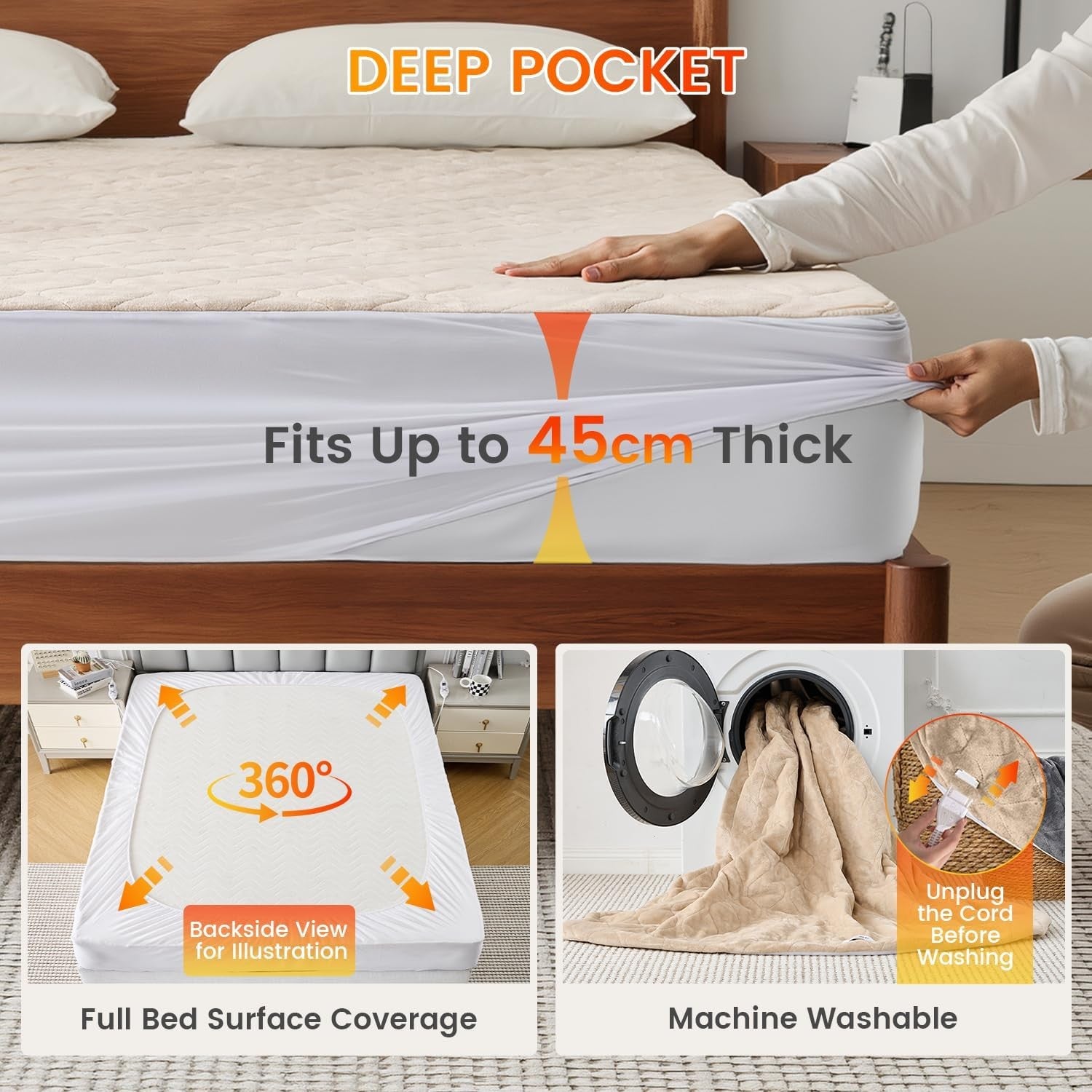 Electric Heated Underblanket Double 150x200cm Dual Control 10 Heat Light Brown
