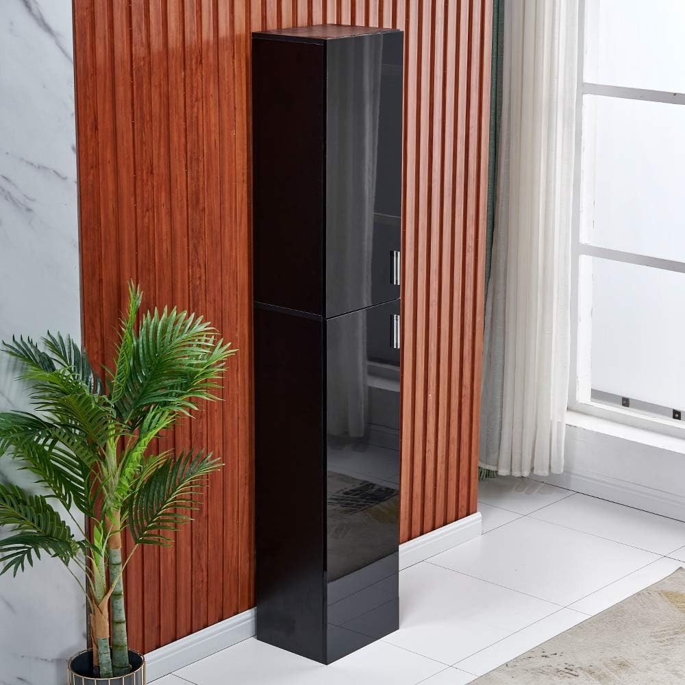 Black Tall Slim Cupboard High Gloss Storage Cabinet 2 Door 4 Shelf Unit
