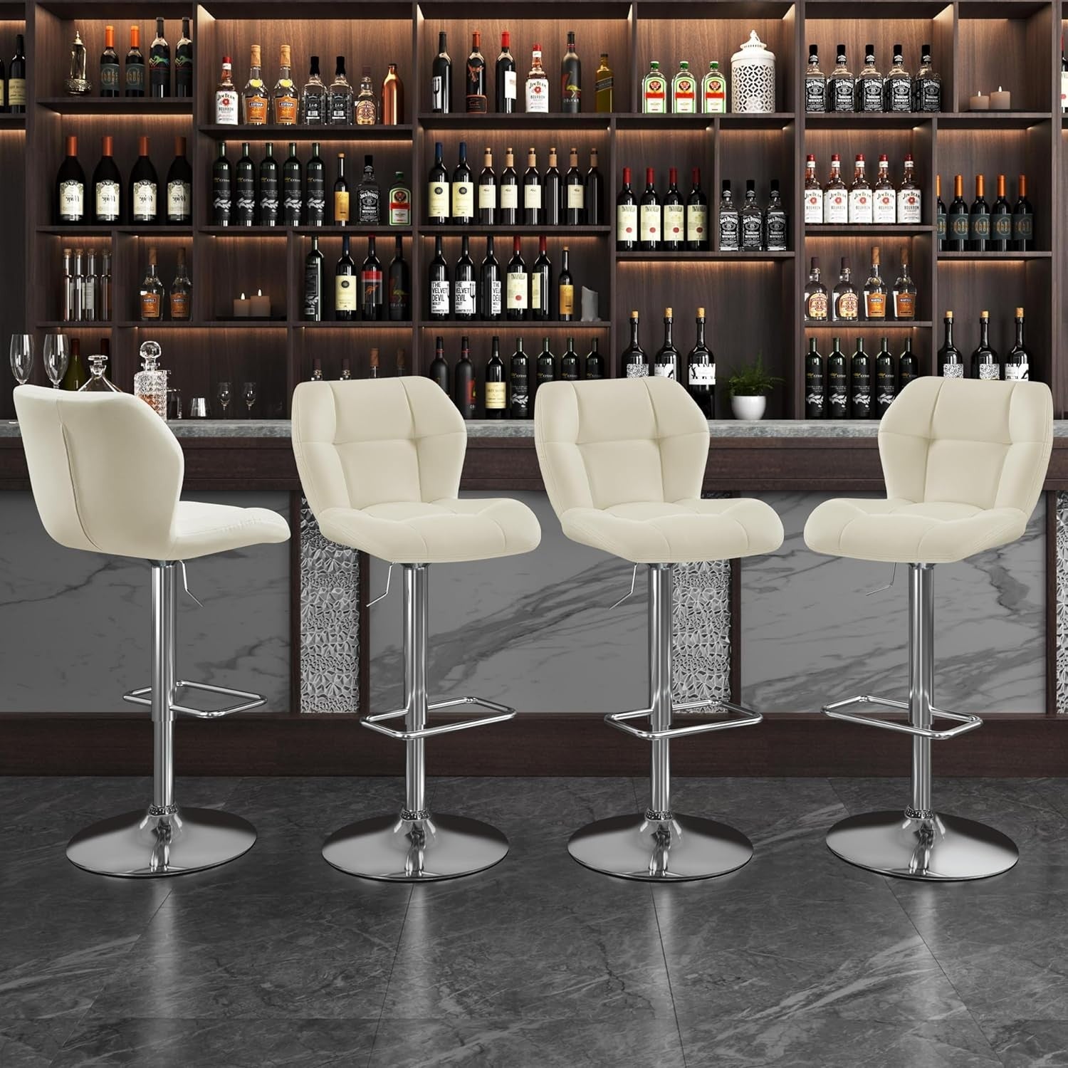 Adjustable Swivel Bar Stools Set of 4 Beige PU Counter Chairs