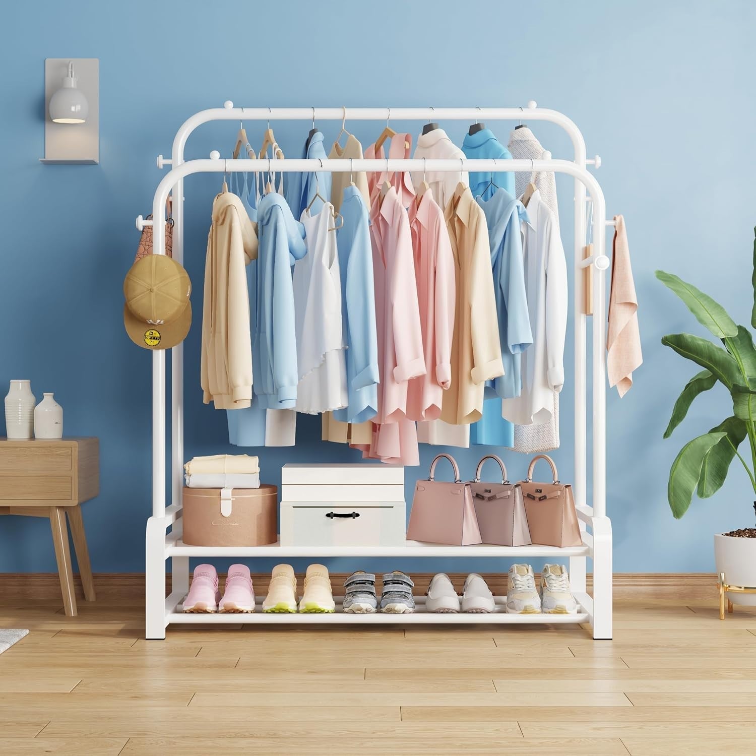 Heavy Duty Double Rail Clothes Rack with Shoe Shelves – White