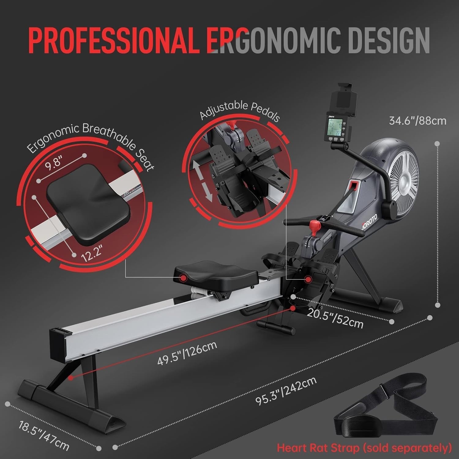 Foldable Air Magnetic Rowing Machine 10-Level Resistance Bluetooth Smart Monitor