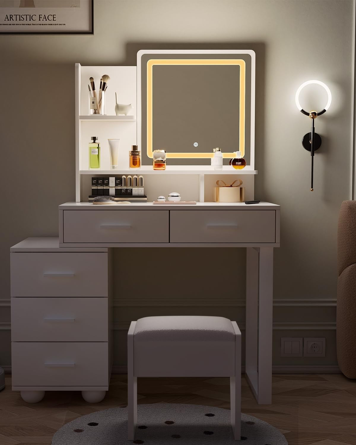 White Dressing Table LED Mirror 5 Drawers Flexible Vanity Desk Makeup Storage