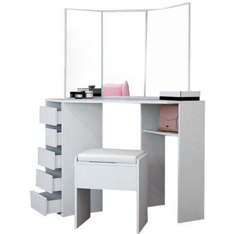 Corner Dressing Table with Mirror Stool Drawers Vanity Desk White MDF