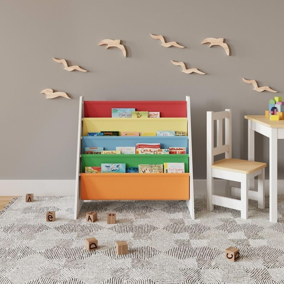 Kids 4 Tier Sling Bookshelf MDF & Fabric Book Storage Rack Multicoloured