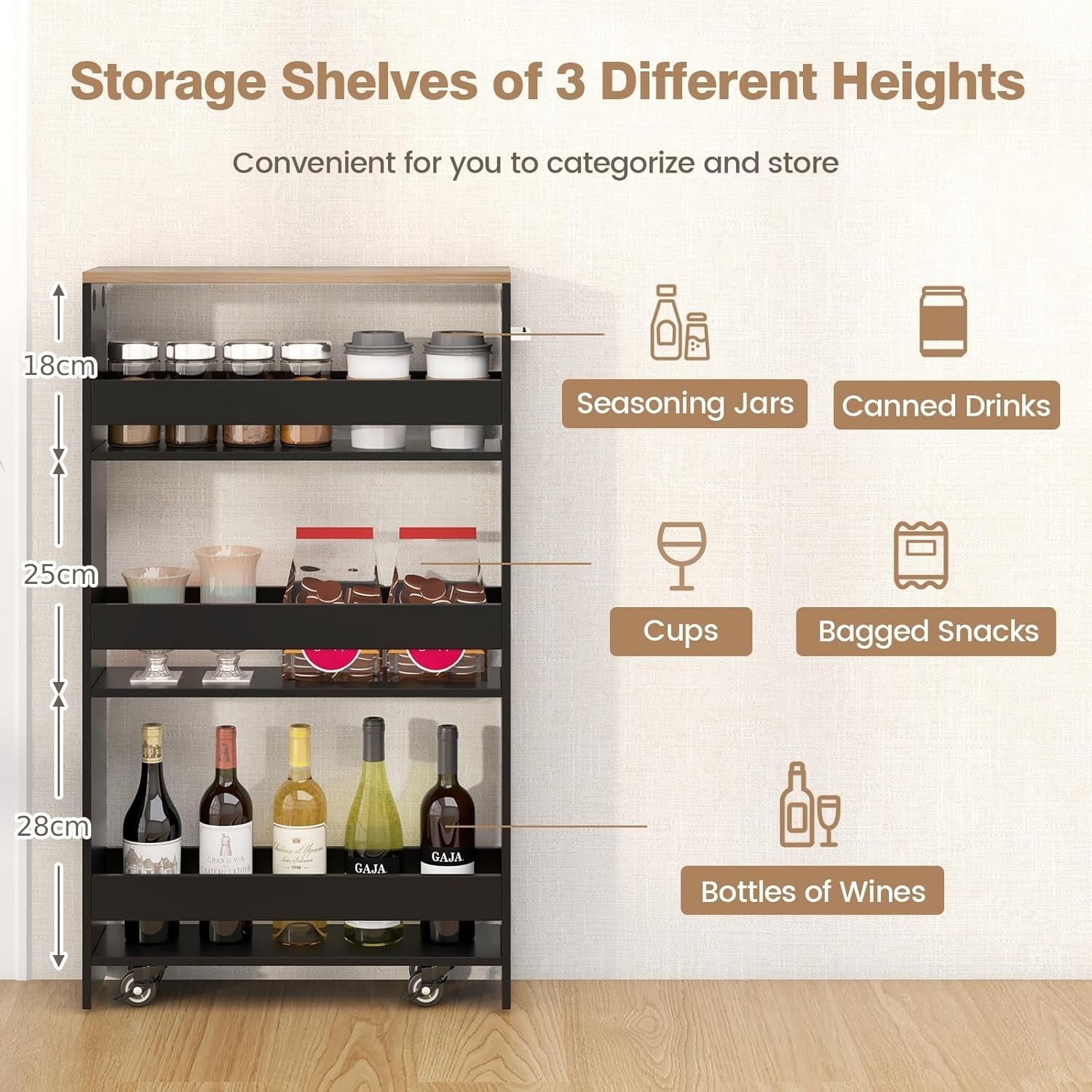 Slim 4 Tier Rolling Storage Cart Narrow Kitchen Shelf Organizer Wheels