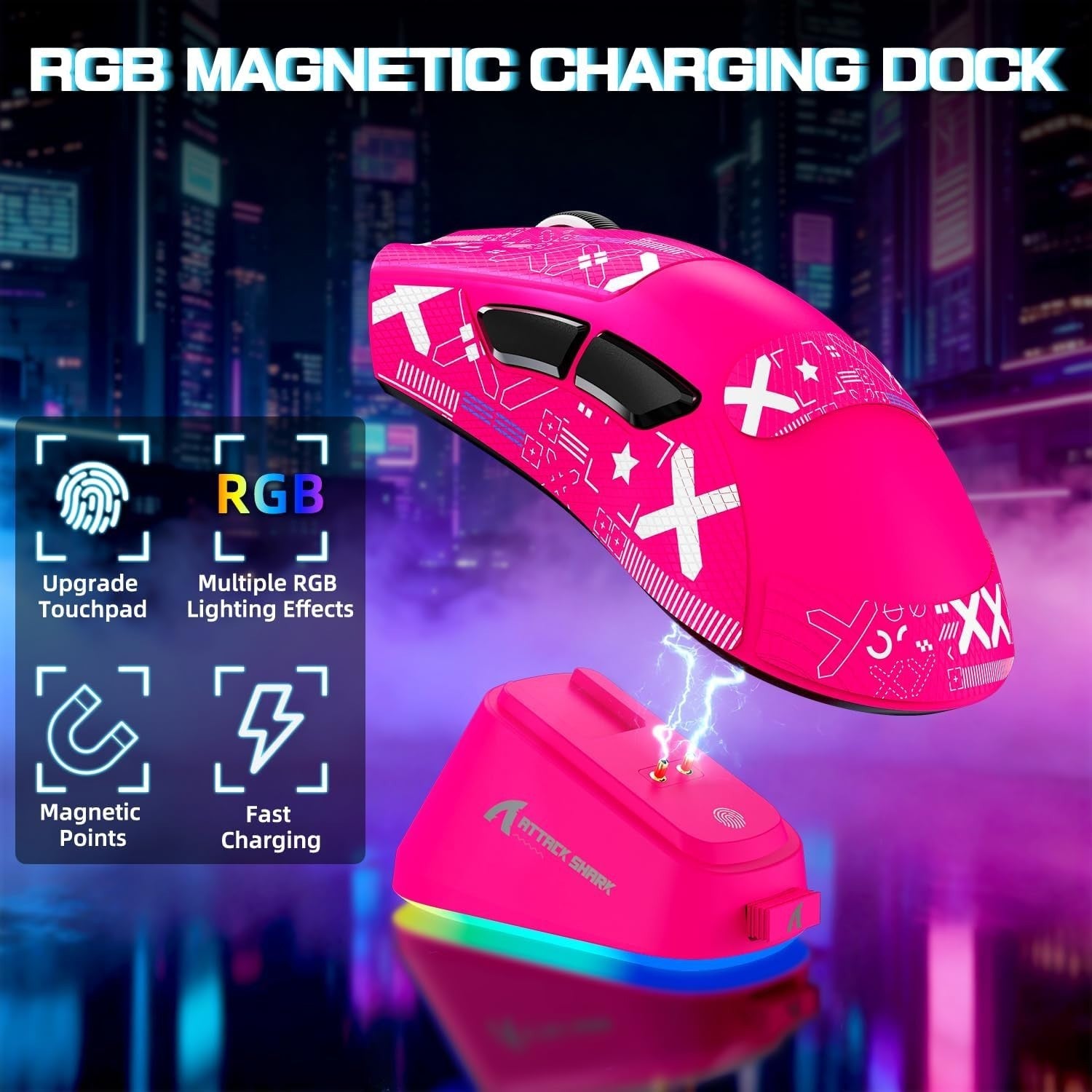 Wireless Gaming Mouse 25000 DPI 65g RGB Dock 2.4G Bluetooth Pink