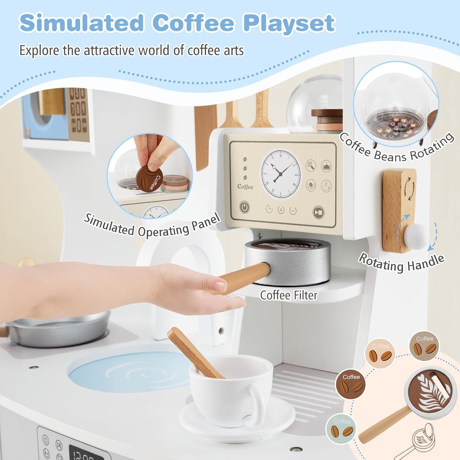 Kids Wooden Play Kitchen w/ Coffee Maker Microwave Blue Toy