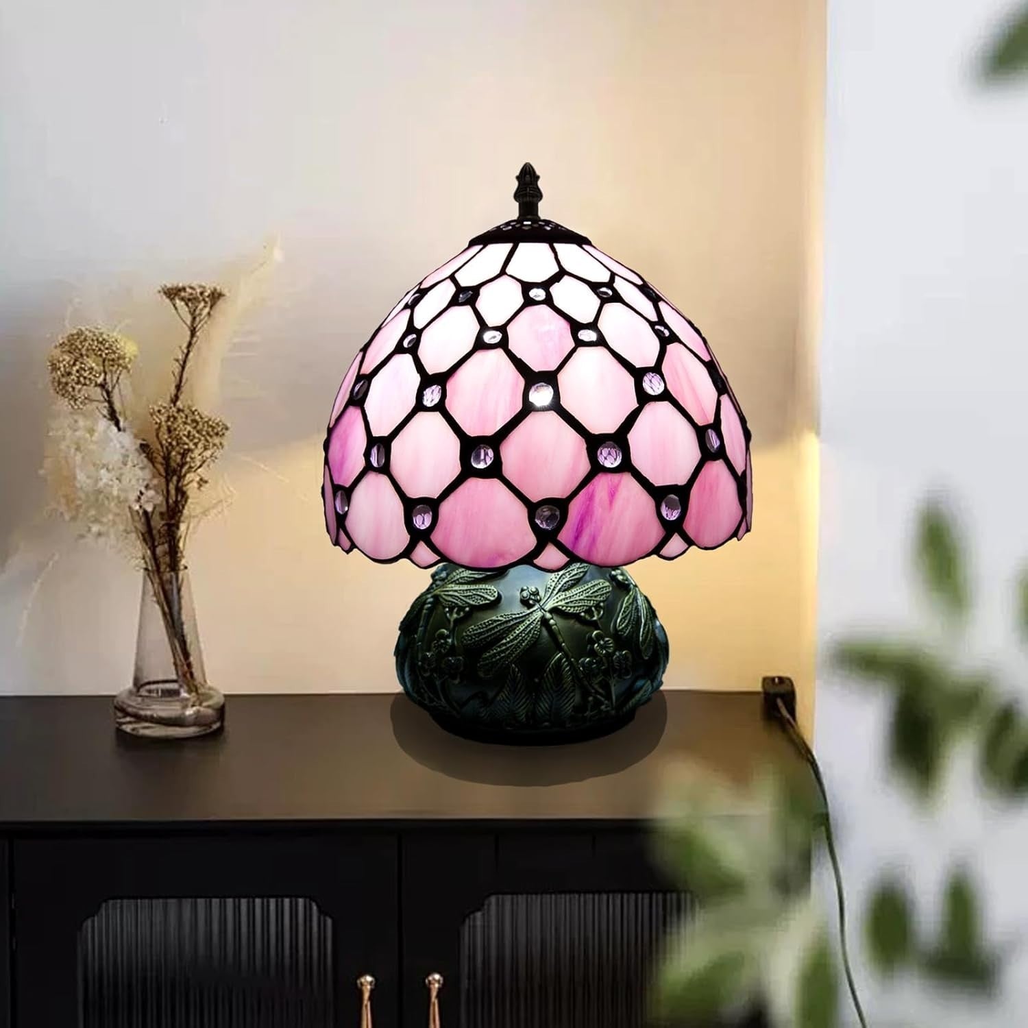 Stained Glass Desk Lamp 8x8x11in Pink Pearl 3 Color Temps Bedroom Light