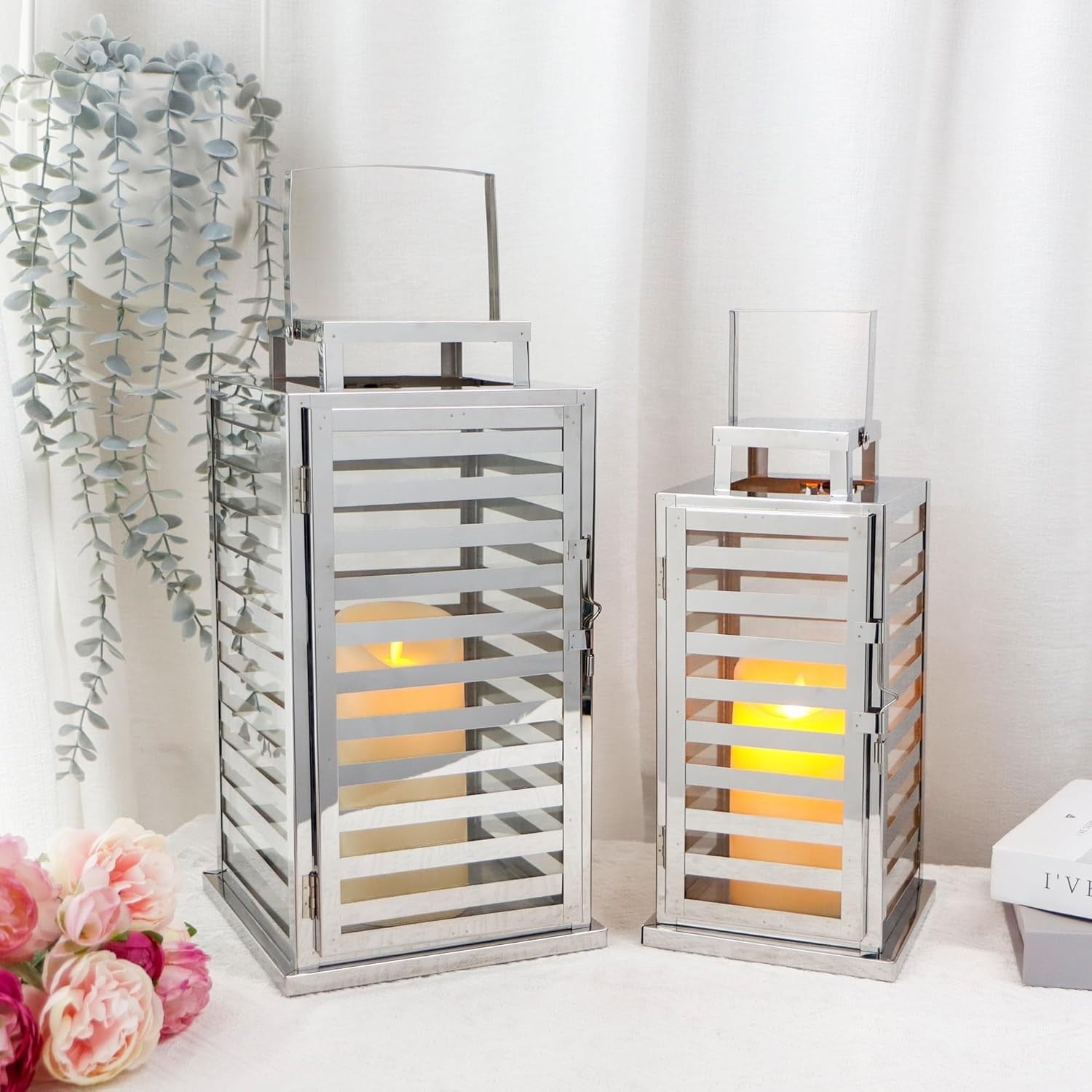 Set of 2 Silver Stainless Steel Candle Lanterns 38 cm