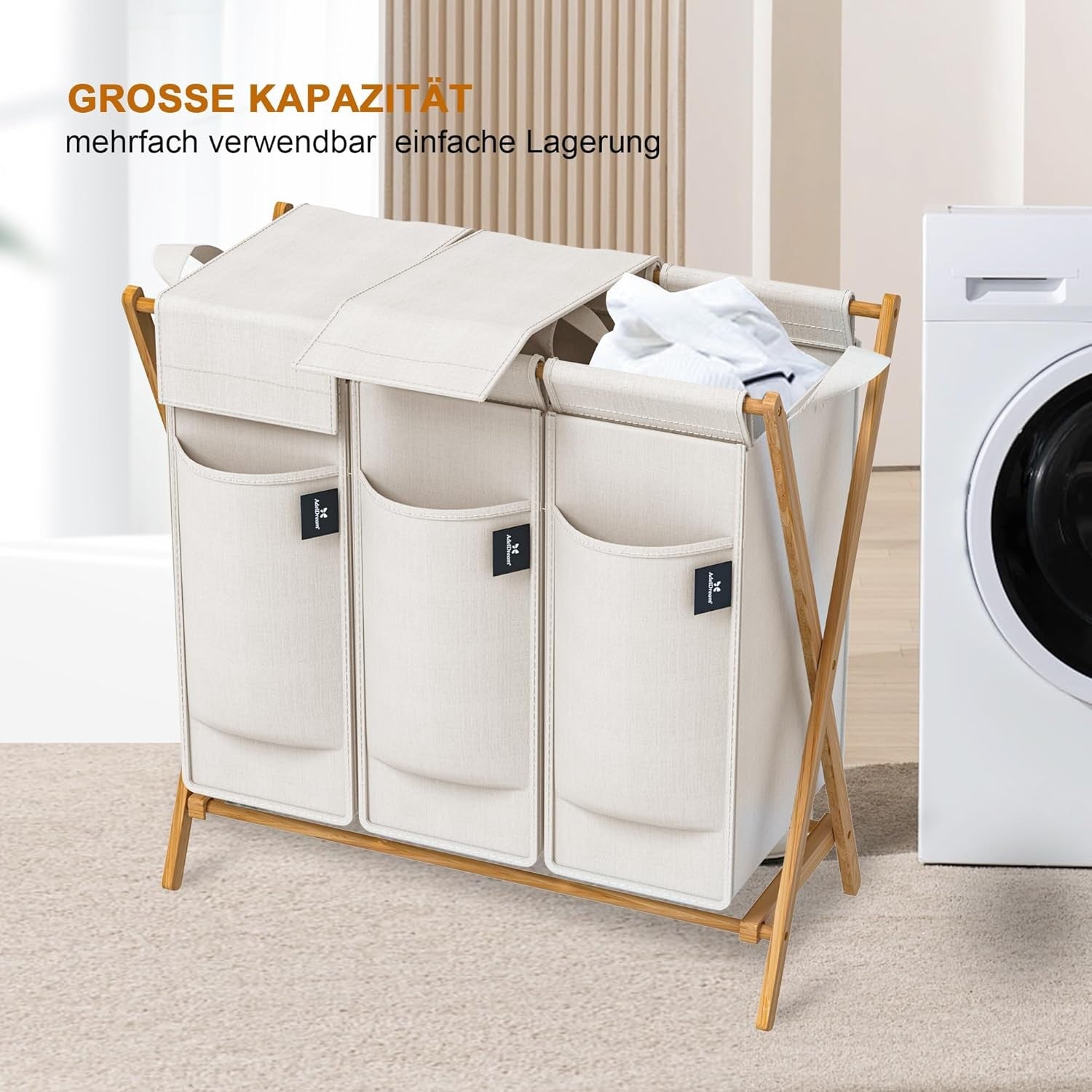 3 Compartment Bamboo Laundry Hamper 150L Foldable Sorting Basket with Lid