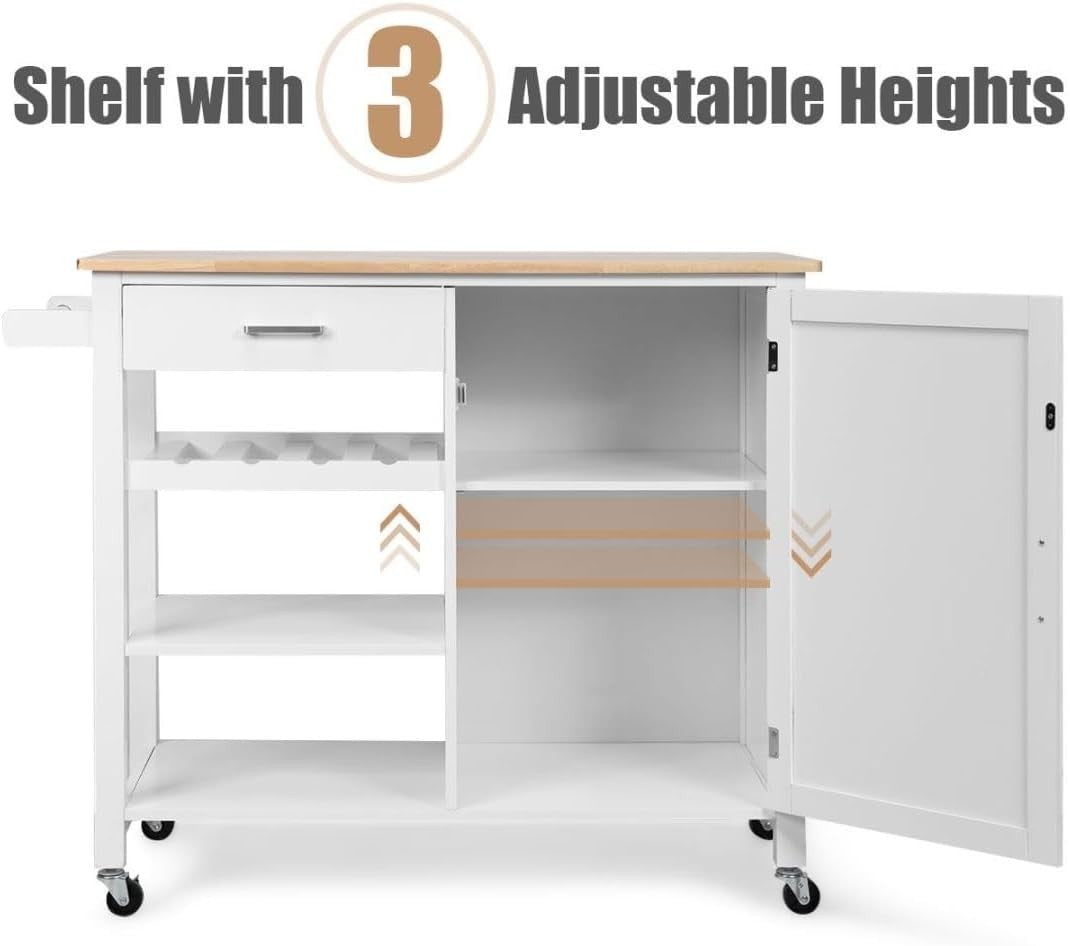 Rolling Kitchen Island Cart with Oak Countertop, Storage, Wine & Towel Rack