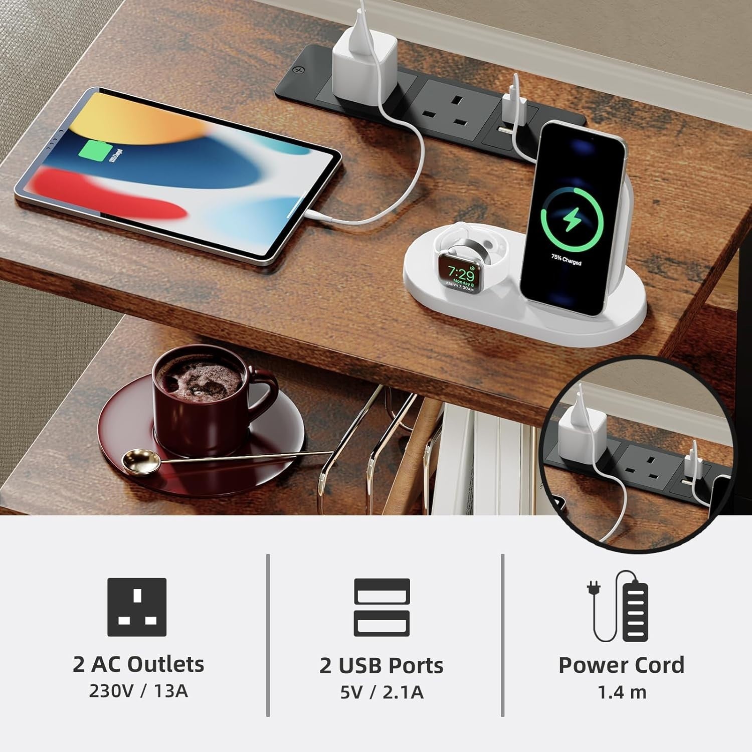 Wood Grain Bedside Table with LED Light – Nightstand with USB Ports
