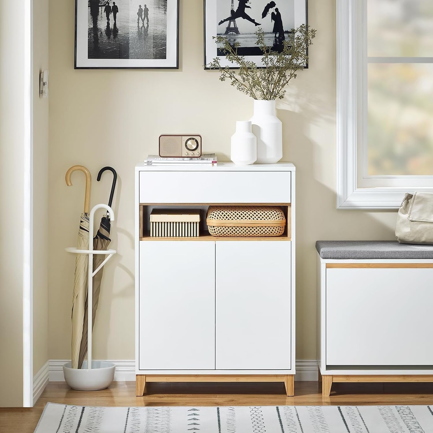 White Sideboard Cabinet with Drawer & Adjustable Shelves Bamboo Legs 60x34x85cm