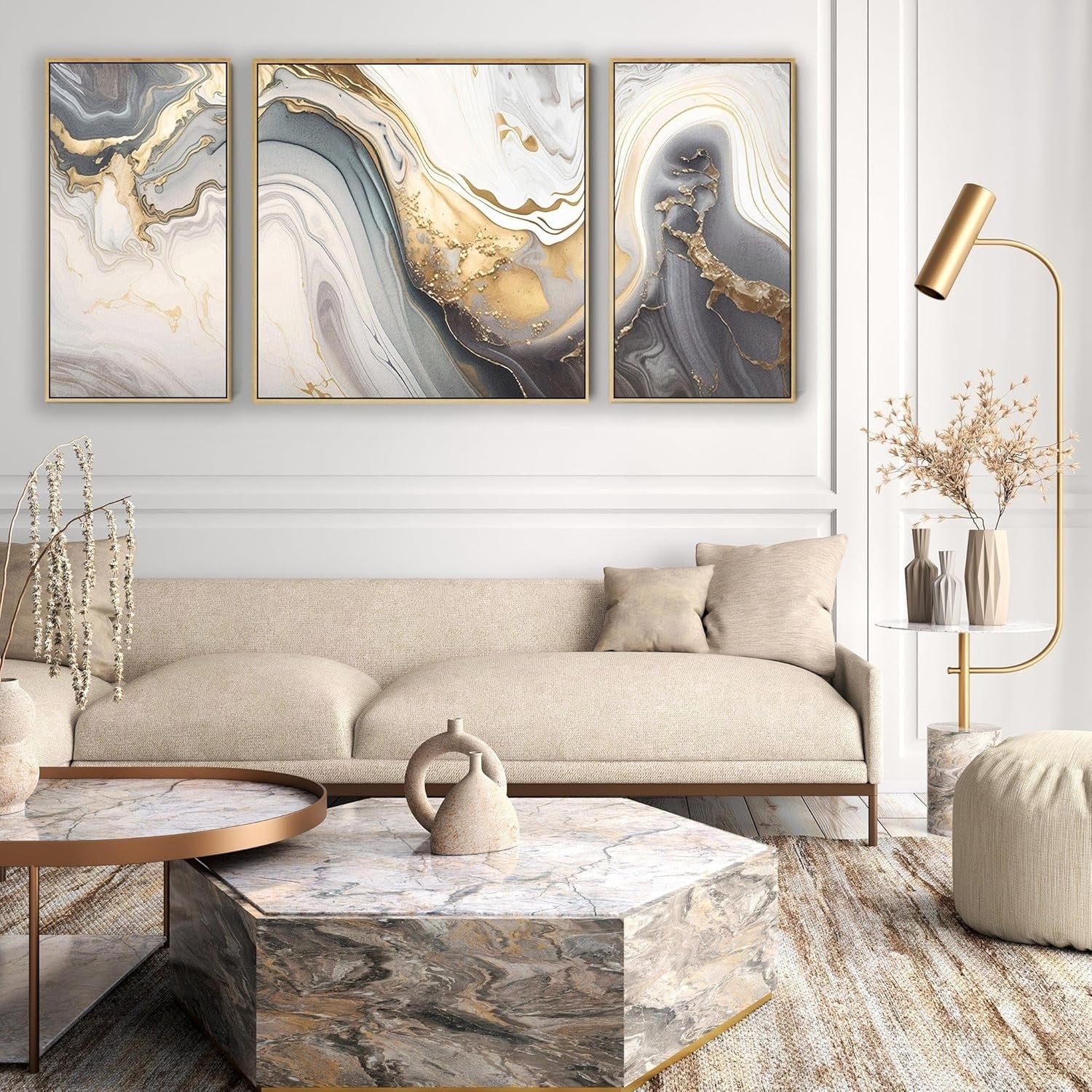 3Pcs Large Grey & Gold Abstract Wall Art – Modern Framed Canvas 212cm
