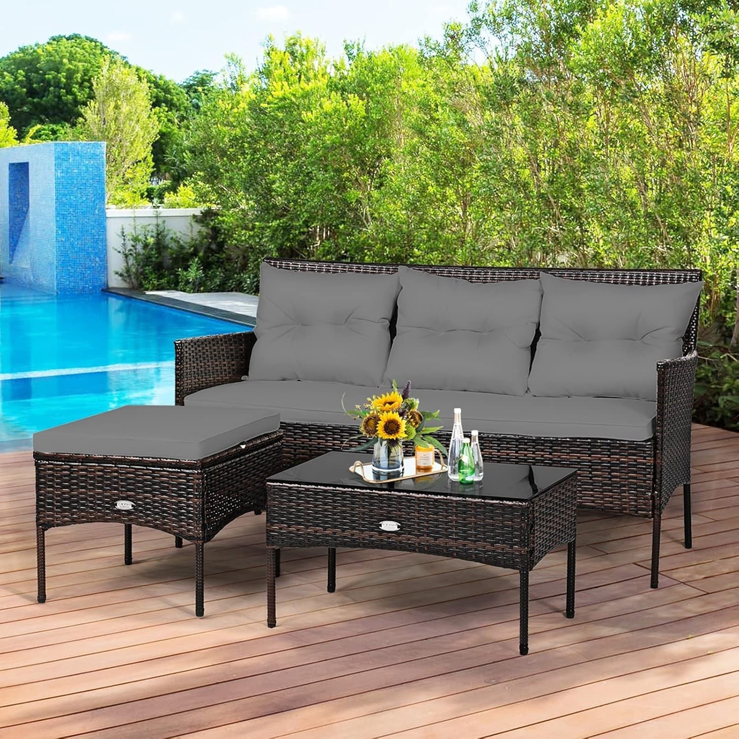 Corner Rattan Garden Sofa Set 4 Seater Patio Lounge Table Stool Cushions