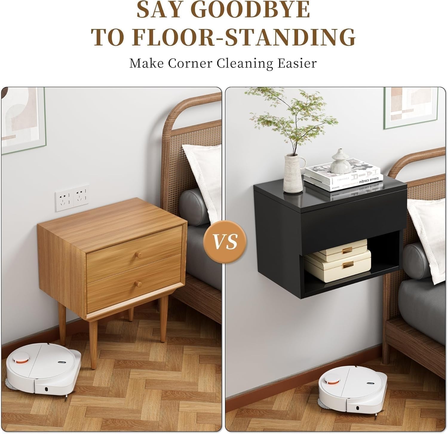 Modern Floating Bedside Tables Set of 2 – Wall Mounted Drawers & Shelves