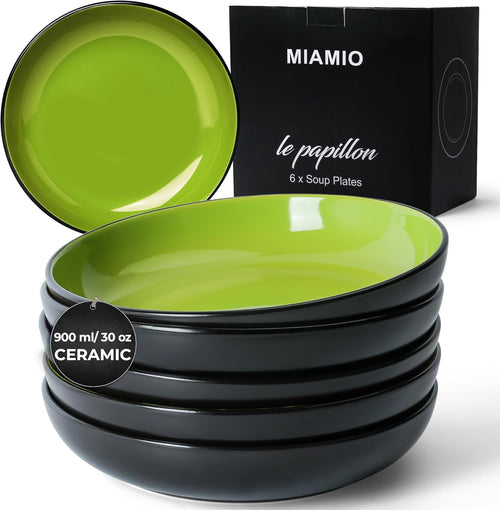 6x Pasta Bowls Ceramic 900ml Green Wide Shallow Bowls Soup Salad Stoneware
